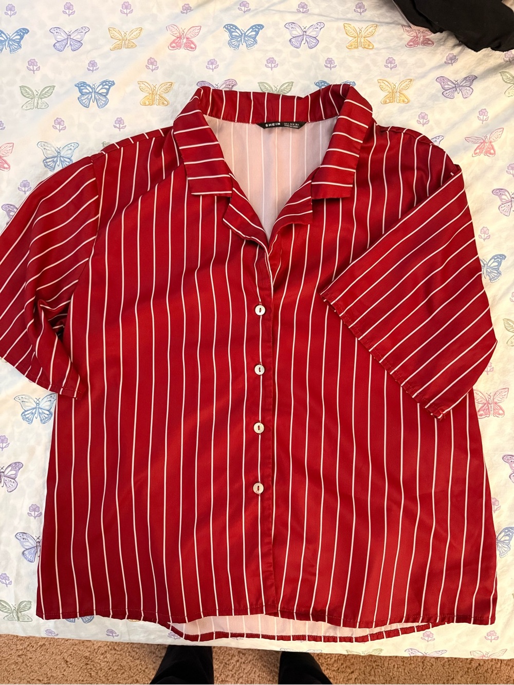 SHEIN Red Vertical-Stripe Button Down Shirt